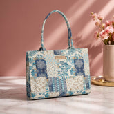 Premium Patchwork Printed Tote Bag – Blue & Beige