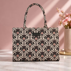 Premium Vintage Floral Printed Tote Bag – Black & Beige