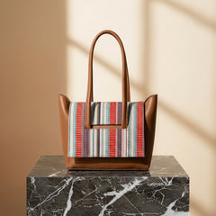 Woven Striped Panel Tote Bag