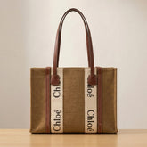 Classic Linen Style Tote Handbag with Tan Trim