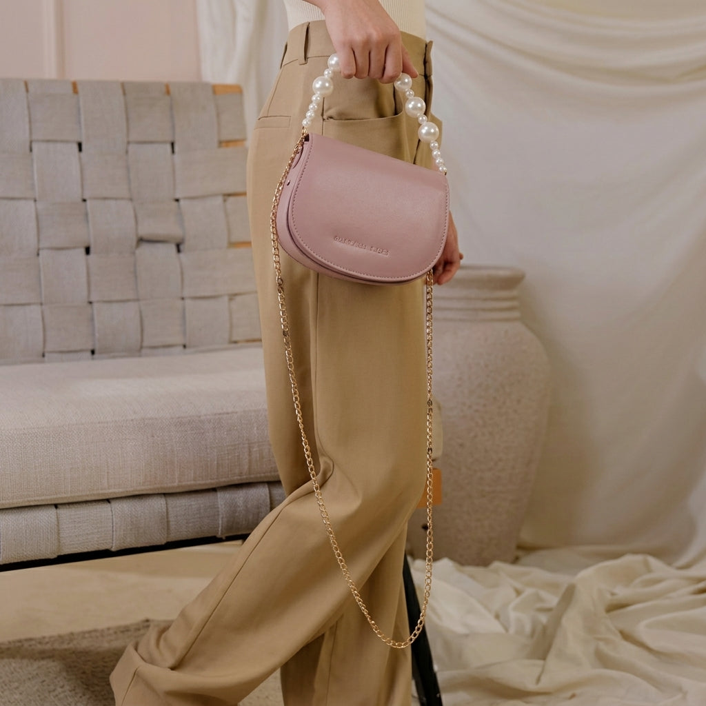 Pearl Chain Handle Saddle Bag