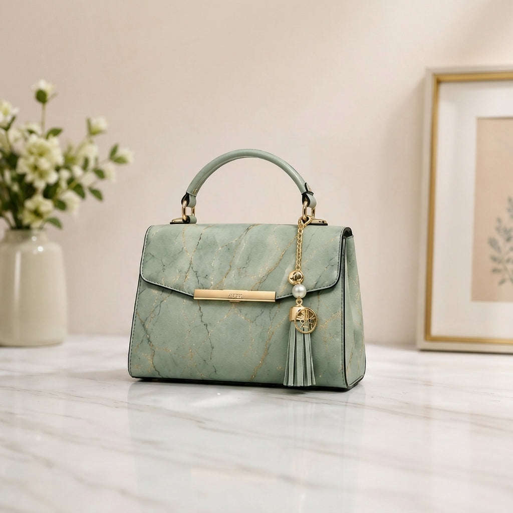 Elegant Marble Finish Top Handle Satchel Bag