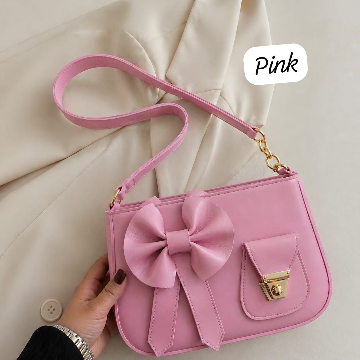 Bow Style Shoulder Bag with Front Pocket Lock