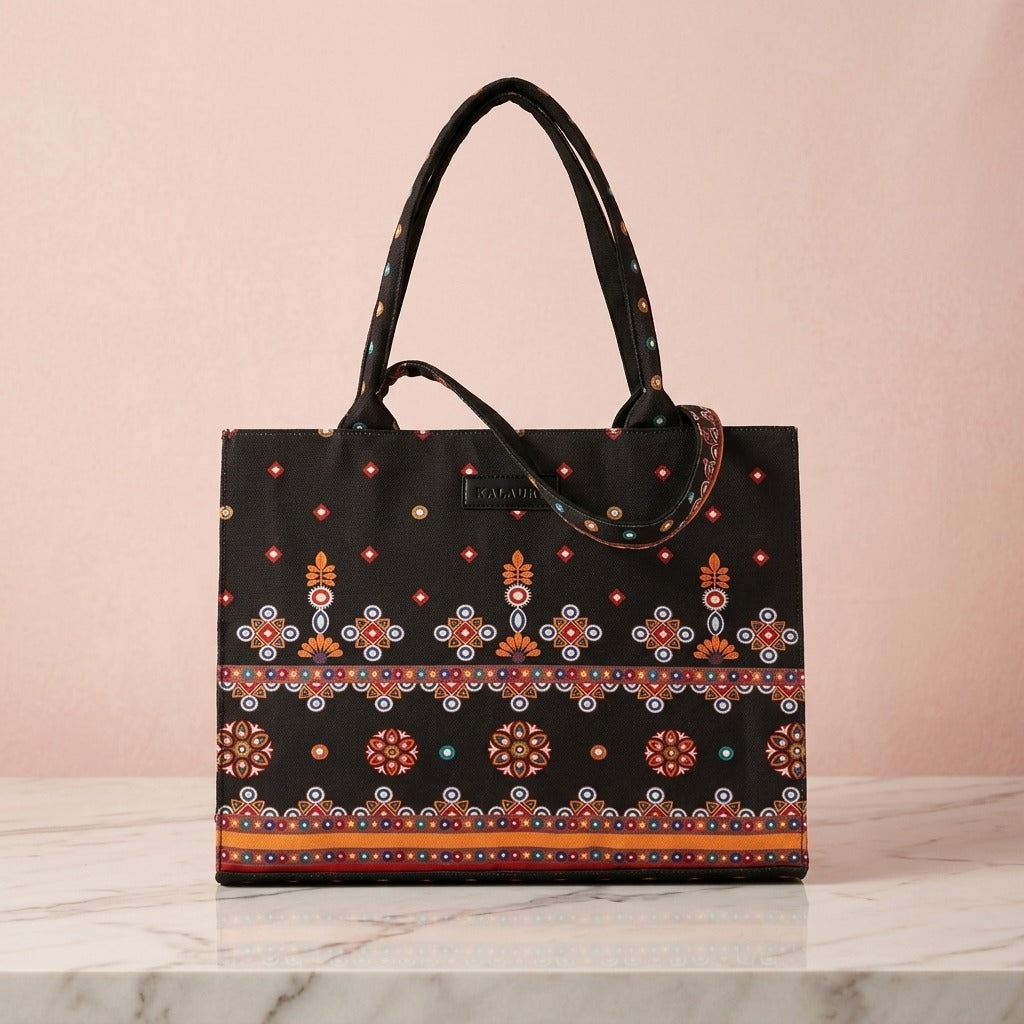 Premium Printed Tote Bag – Black & Rust Ethnic Floral Design