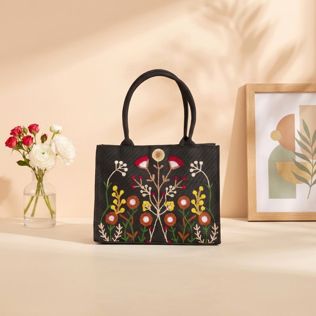 Floral Embroidered Canvas Tote Bag