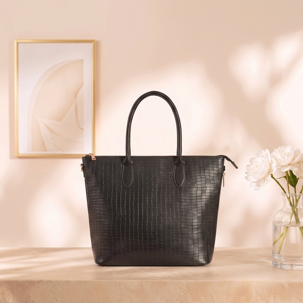Classic Croc-Texture Zip Tote Bag