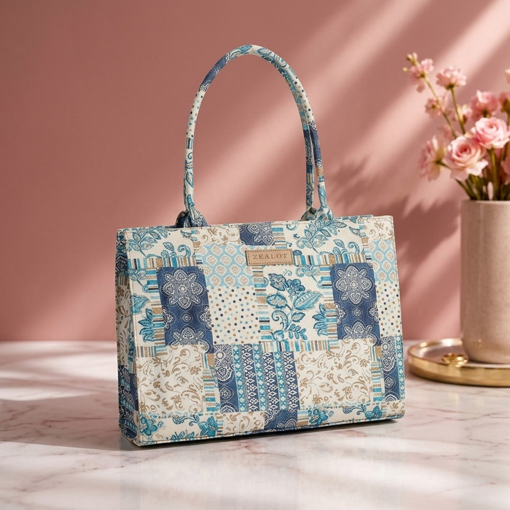 Premium Patchwork Printed Tote Bag – Blue & Beige