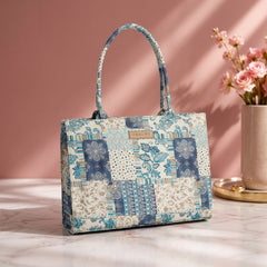 Premium Patchwork Printed Tote Bag – Blue & Beige