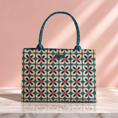 Premium Retro Geometric Printed Tote Bag – Teal & Cream