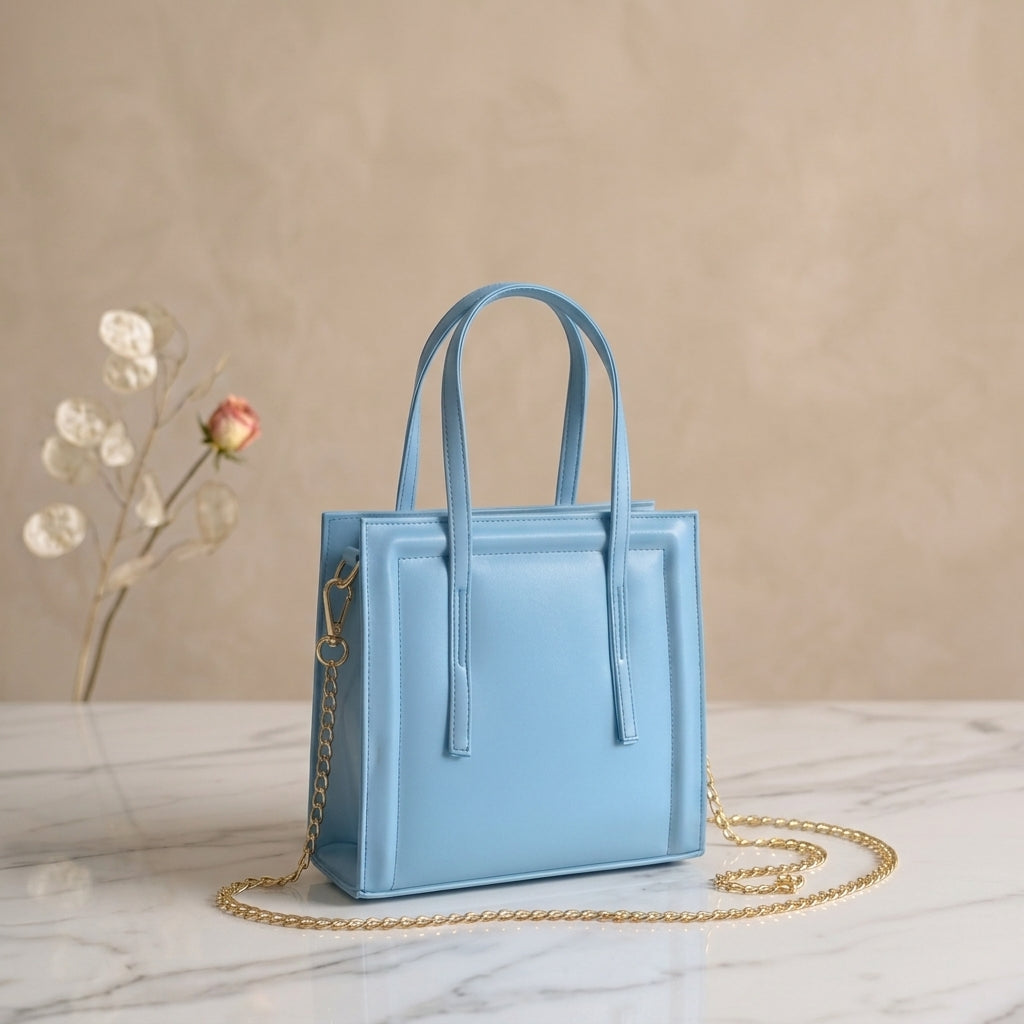 Sky Blue Structured Mini Tote Bag with Gold Chain Strap