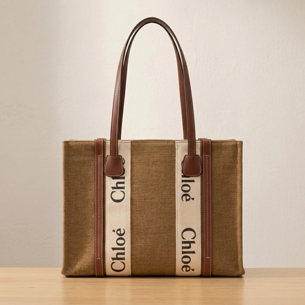 Classic Linen Style Tote Handbag with Tan Trim