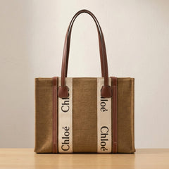 Classic Linen Style Tote Handbag with Tan Trim