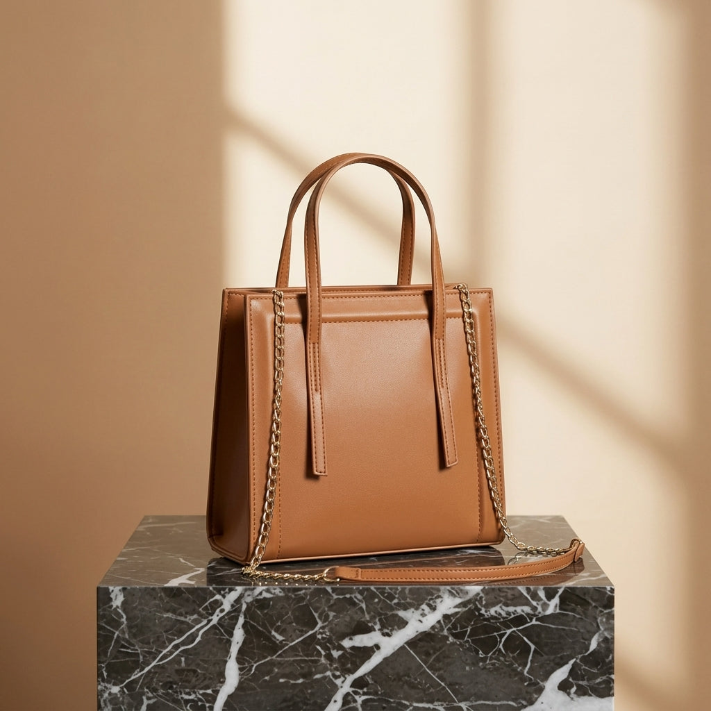 Structured Cognac Top-Handle Tote Bag with Chain Strap