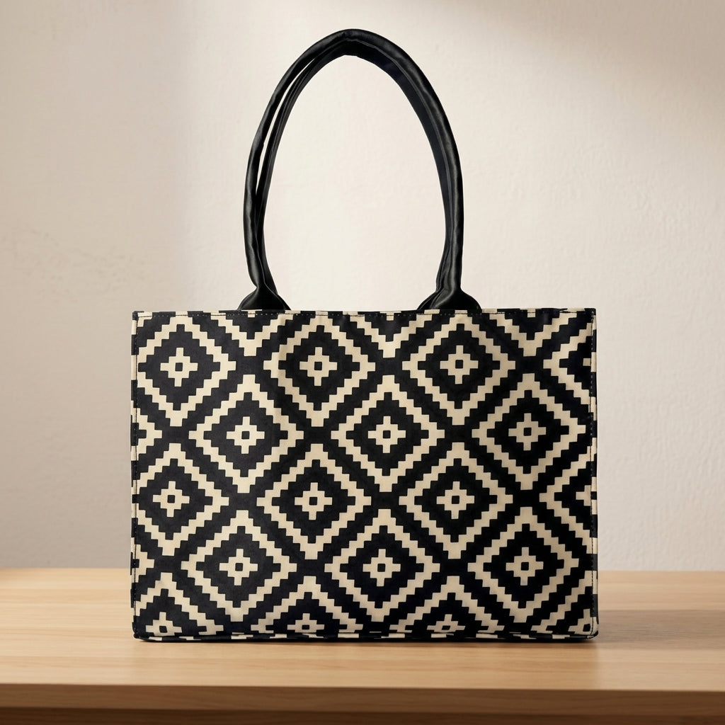 Classic Monochrome Geometric Print Tote Bag