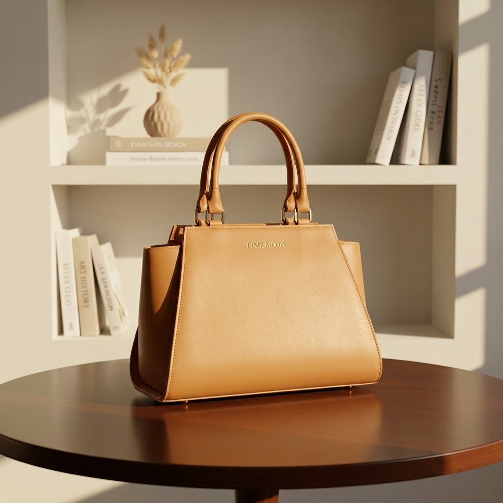 Elegant Camel Structured Top Handle Handbag