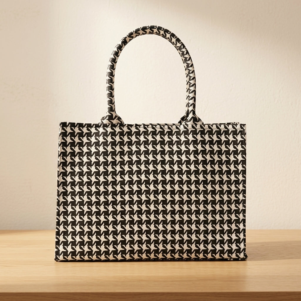 Classic Monochrome Houndstooth Tote Handbag