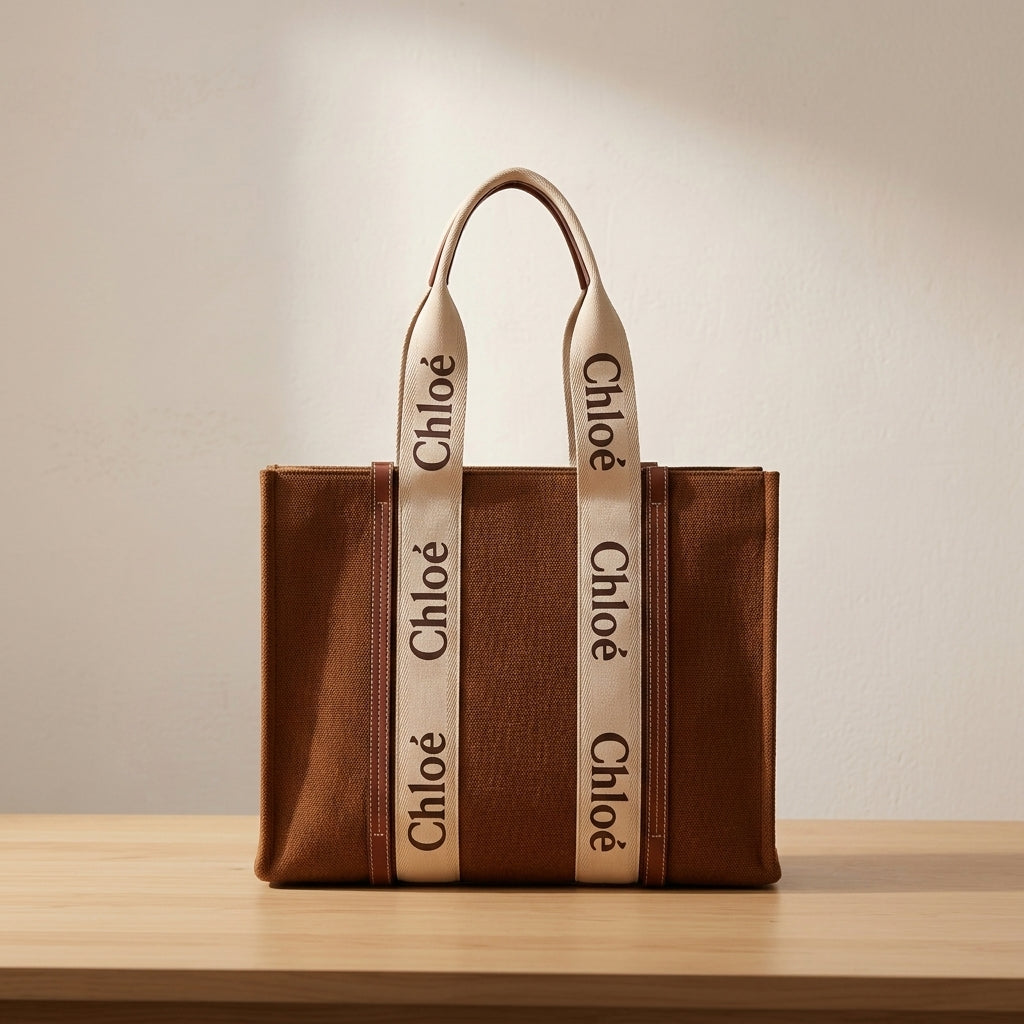Classic Linen Style Tote Handbag with Tan Trim