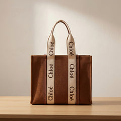 Classic Linen Style Tote Handbag with Tan Trim